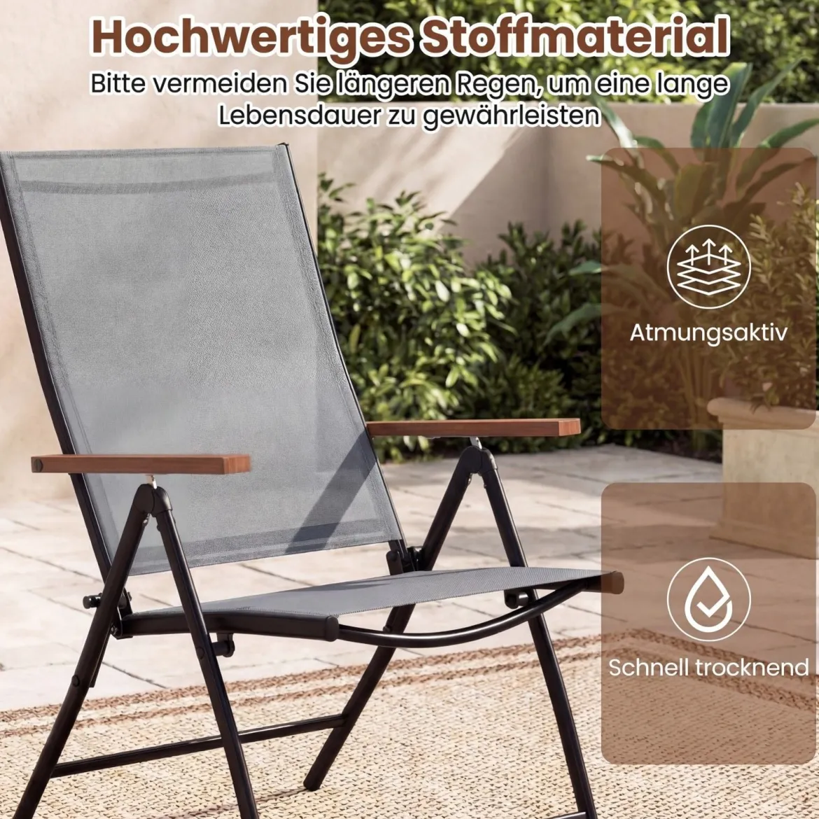 2er Set Gartenstühle mit 5-Fach Verstellbarer Rückenlehne Klappbare Balkonstühle bis 150 kg Grau