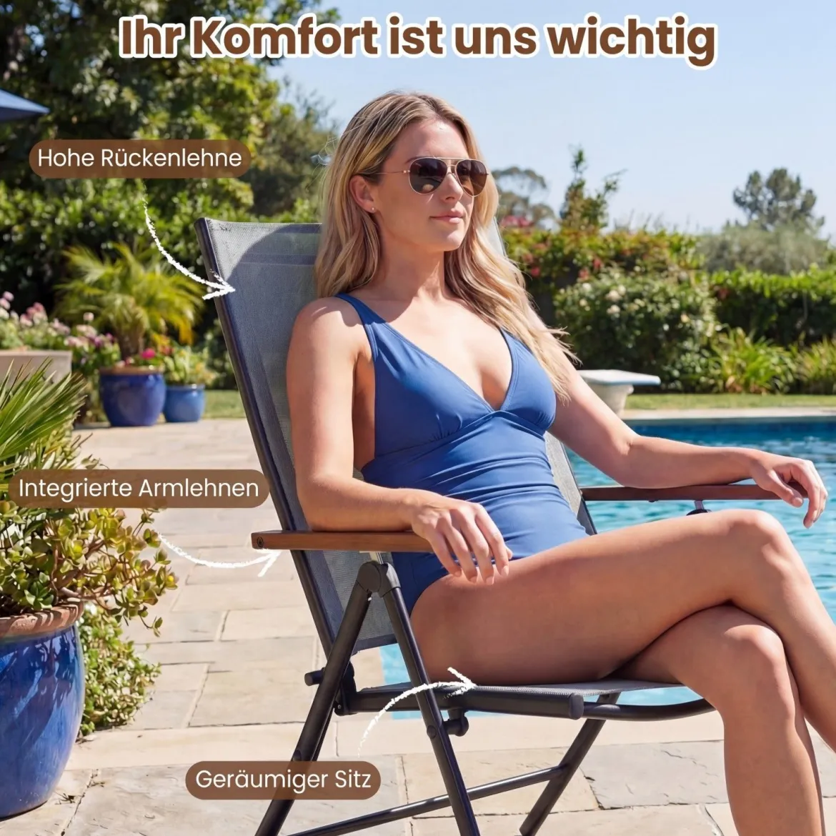 2er Set Gartenstühle mit 5-Fach Verstellbarer Rückenlehne Klappbare Balkonstühle bis 150 kg Grau