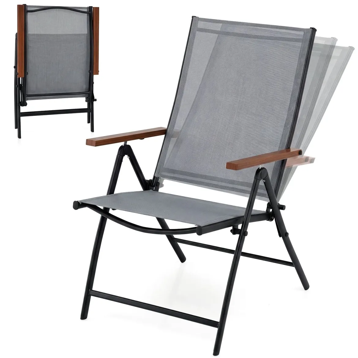 2er Set Gartenstühle mit 5-Fach Verstellbarer Rückenlehne Klappbare Balkonstühle bis 150 kg Grau