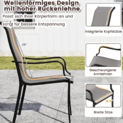 2er Set Gartenstühle mit Hoher Rückenlehne bis 150 kg Belastbar Terrassenstühle Grau
