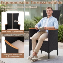 2er Set Gartenstühle mit Sitzkissen & Hochlehner Rattan Gartensessel bis 180 kg Belastbar Beige