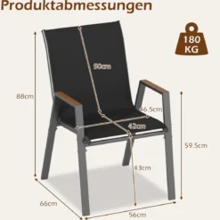 8er Set Gartenstühle Stapelstuhl Hochlehner aus Atmungsaktivem Teslin-Gewebe mit Holz Schwarz