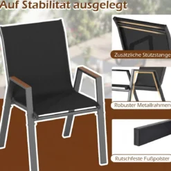 2er Set Gartenstühle Stapelstuhl Hochlehner aus Atmungsaktivem Teslin-Gewebe mit Holz Schwarz