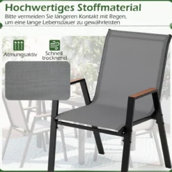 4er Set Gartenstühle Stapelstuhl Hochlehner aus Atmungsaktivem Teslin-Gewebe mit Holz Grau