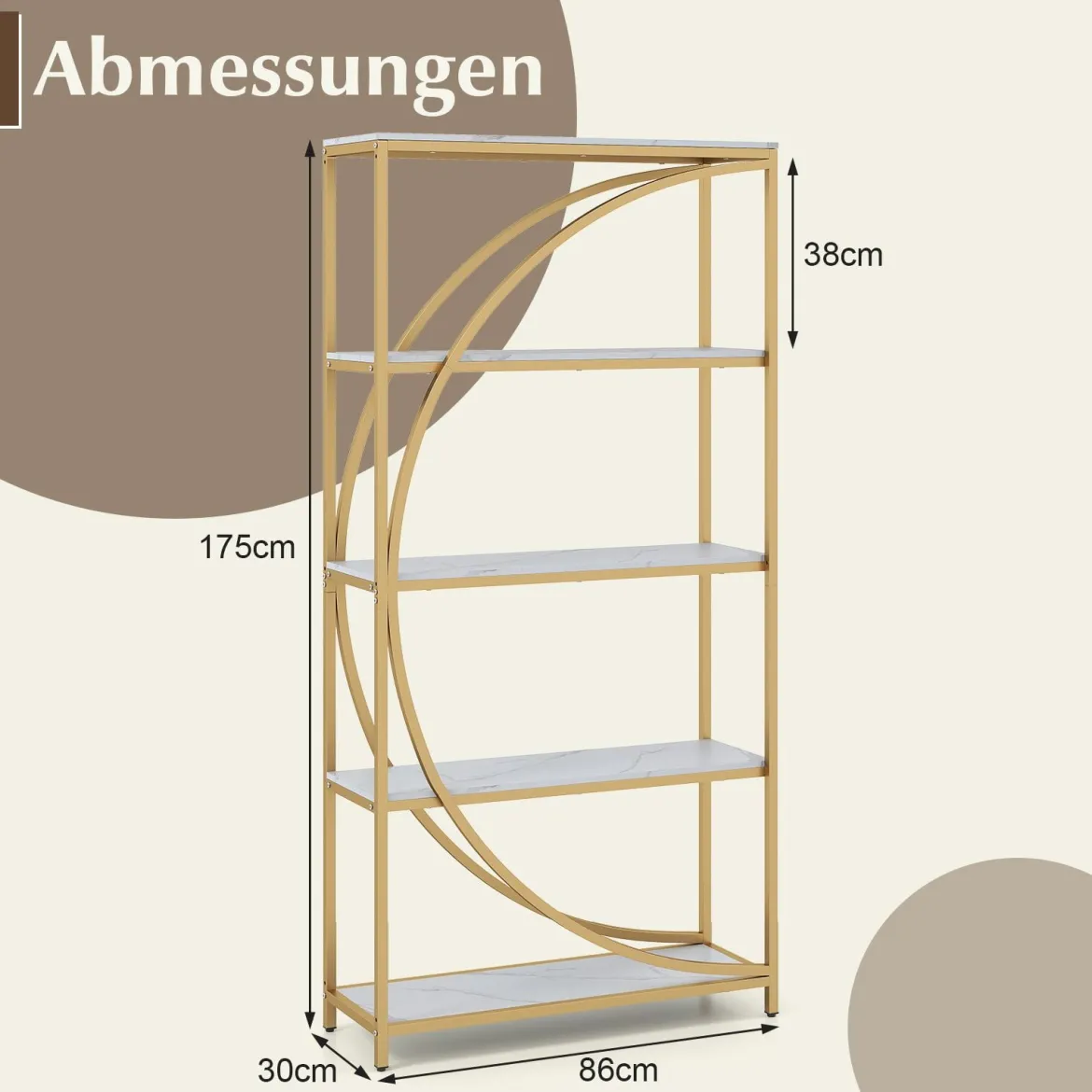2er Set Geometrisches Bücherregal mit Offenen Holzregale & Metallrahmen Büroregal Standregal Gold & Weiß