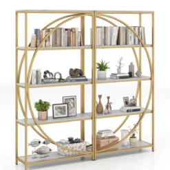 2er Set Geometrisches Bücherregal mit Offenen Holzregale & Metallrahmen Büroregal Standregal Gold & Weiß
