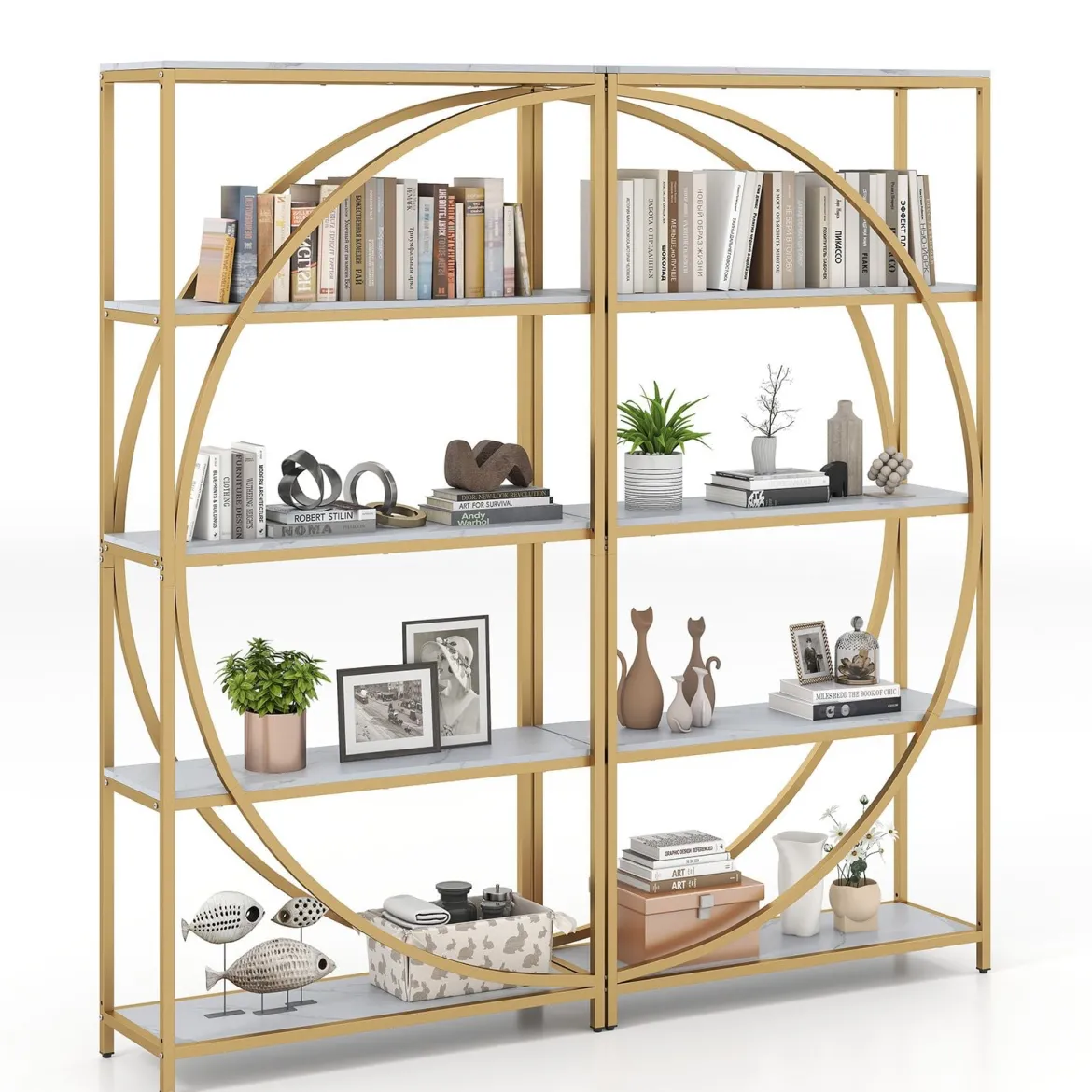 2er Set Geometrisches Bücherregal mit Offenen Holzregale & Metallrahmen Büroregal Standregal Gold & Weiß