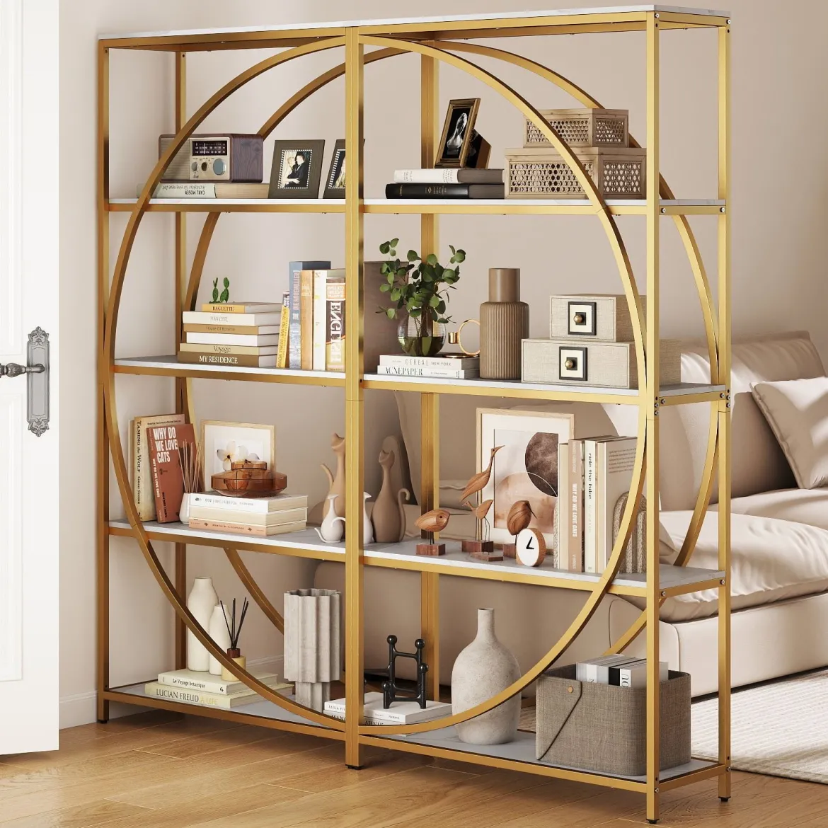 2er Set Geometrisches Bücherregal mit Offenen Holzregale & Metallrahmen Büroregal Standregal Gold & Weiß
