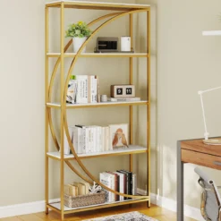 2er Set Geometrisches Bücherregal mit Offenen Holzregale & Metallrahmen Büroregal Standregal Gold & Weiß