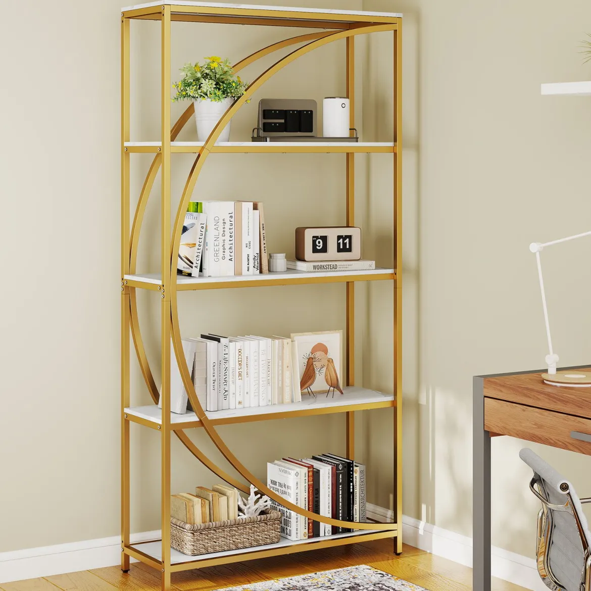 2er Set Geometrisches Bücherregal mit Offenen Holzregale & Metallrahmen Büroregal Standregal Gold & Weiß