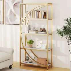 2er Set Geometrisches Bücherregal mit Offenen Holzregale & Metallrahmen Büroregal Standregal Gold & Weiß