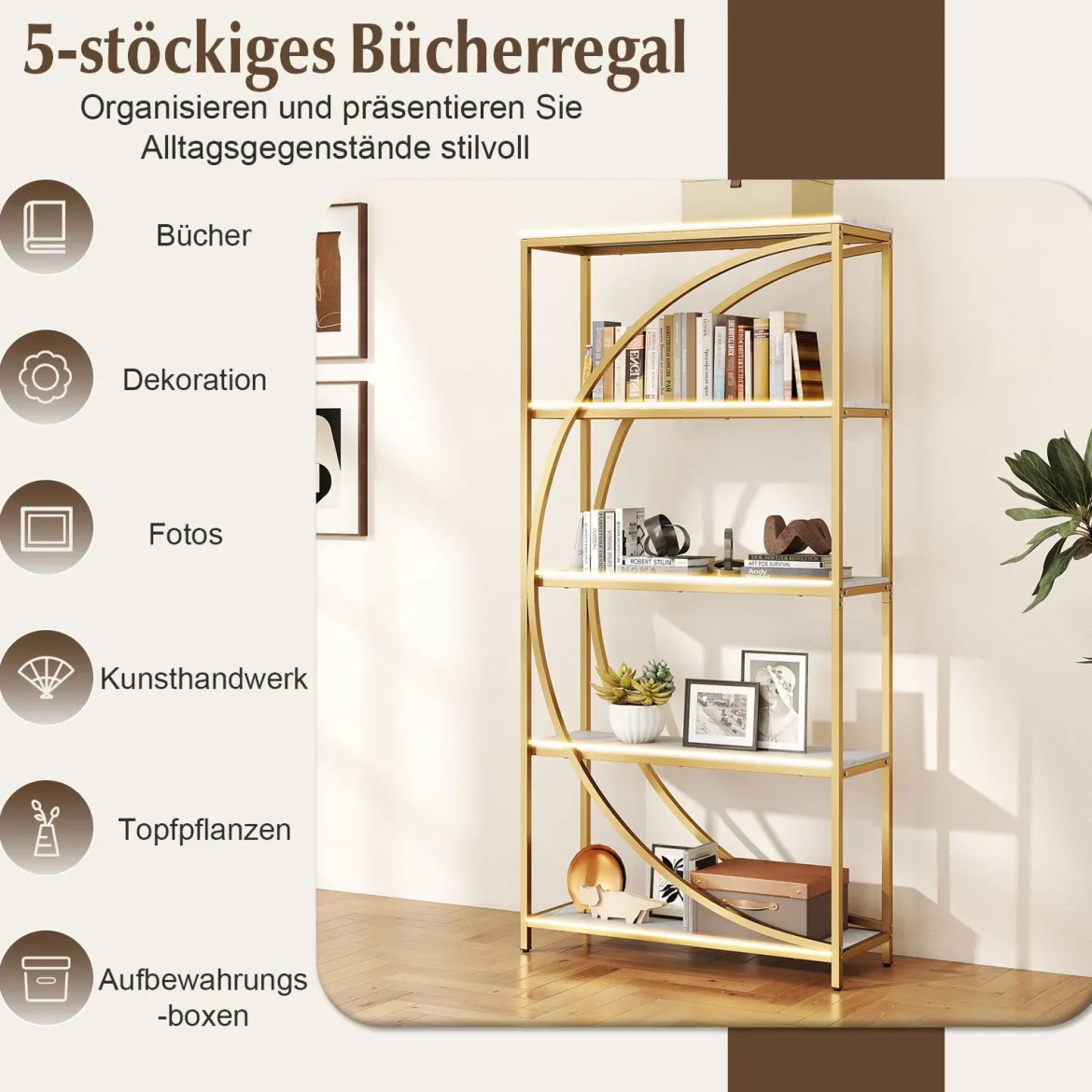 2er Set Geometrisches Bücherregal mit Offenen Holzregale & Metallrahmen Büroregal Standregal Gold & Weiß
