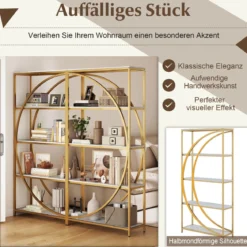 2er Set Geometrisches Bücherregal mit Offenen Holzregale & Metallrahmen Büroregal Standregal Gold & Weiß