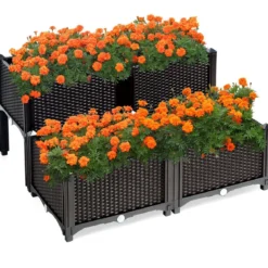 4er Set Hochbeet Blumenbeet Pflanzenbeet Blumenkasten für den Garten Pflanzkasten Frühbeet Blumentrog Pflanzhaus Braun