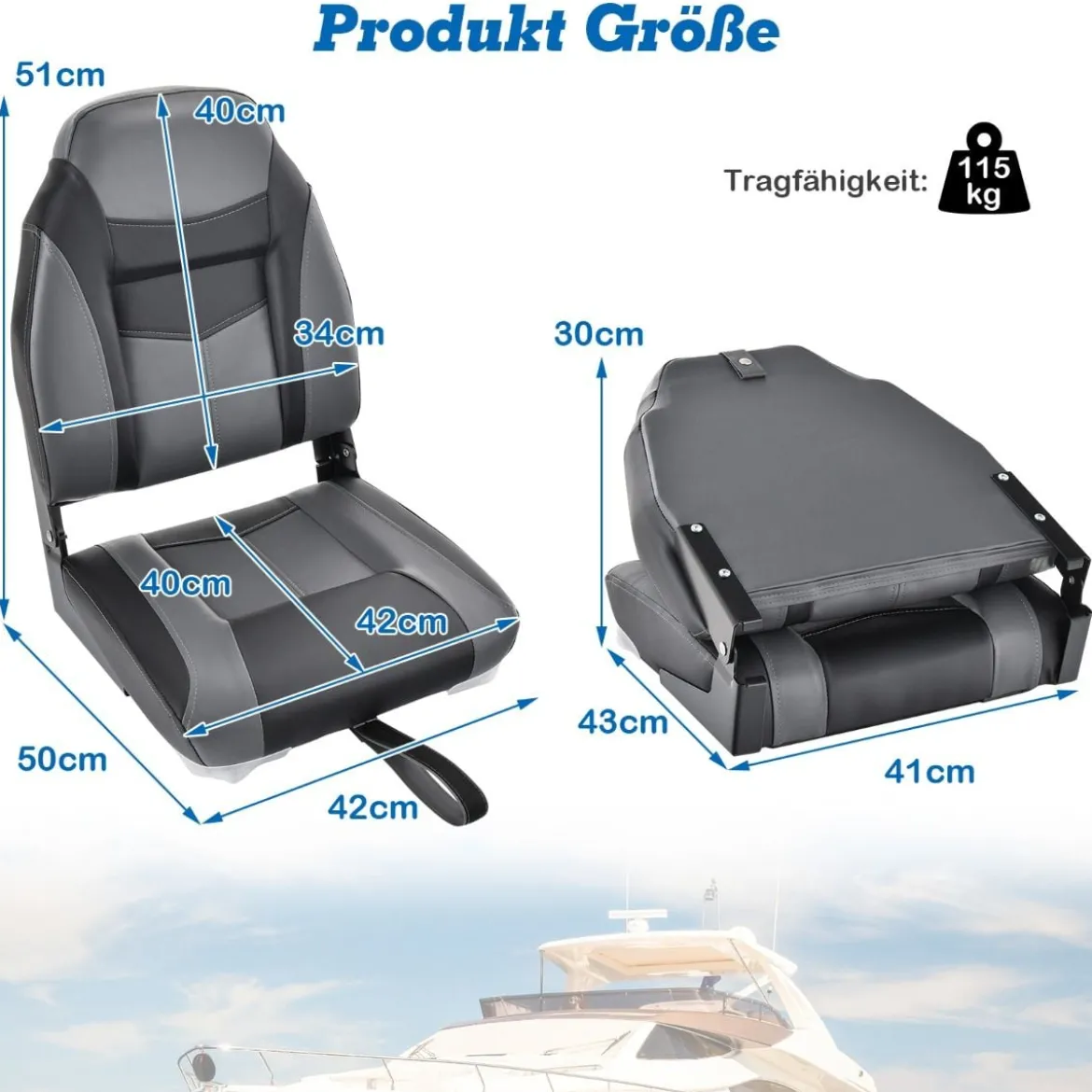 2er Set Hochlehner Bootssitz mit 10 cm Dicker Schwammpolsterung Klappbar Schwarz