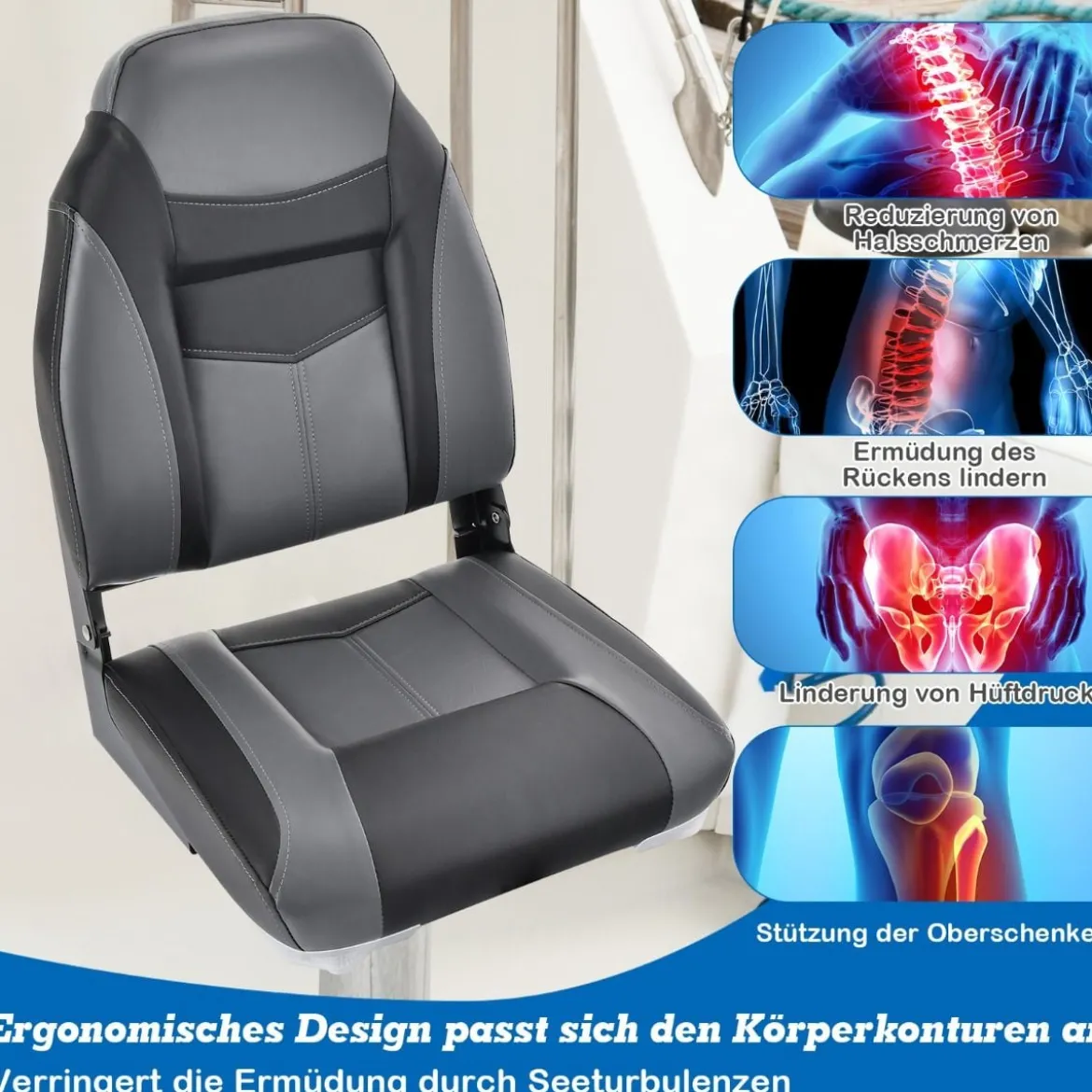 2er Set Hochlehner Bootssitz mit 10 cm Dicker Schwammpolsterung Klappbar Schwarz