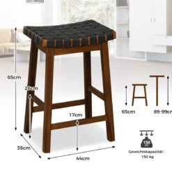 2er Set Holz Hocker mit PU-Gewebe & Geschwungener Sitzfläche & Fußstütze Barhocker