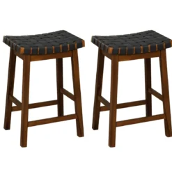 2er Set Holz Hocker mit PU-Gewebe & Geschwungener Sitzfläche & Fußstütze Barhocker