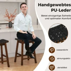 2er Set Holz Hocker mit PU-Gewebe & Geschwungener Sitzfläche & Fußstütze Barhocker