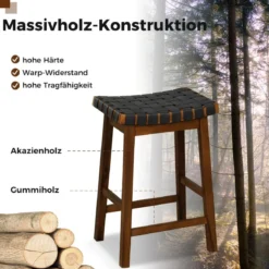 2er Set Holz Hocker mit PU-Gewebe & Geschwungener Sitzfläche & Fußstütze Barhocker