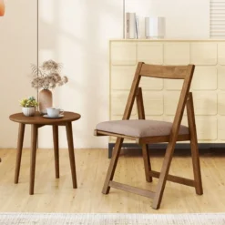 2er Set Holz Klappstühle mit Kissen Armless Stapelbare Esszimmerstühle Gepolsterte Stühle Walnuss