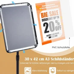 2er Set Infoständer A3 87–137 cm Höhenverstellbarer Menükartenhalter Drehbar mit Befüllbarem Sockel Schwarz