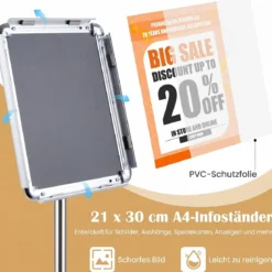 2er Set Infoständer A4 81–131 cm Höhenverstellbarer Menükartenhalter Drehbar mit Befüllbarem Sockel Silber
