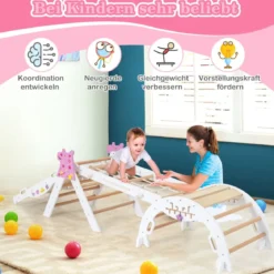 4er Set 9-in-1 Klettergerüst mit Rutsche & Kletterbogen & Netz Klappabres Kletterdreieck Weiß