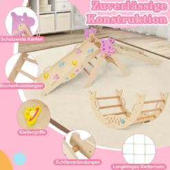 4er Set 9-in-1 Klettergerüst mit Rutsche & Kletterbogen & Netz Klappabres Kletterdreieck Natur