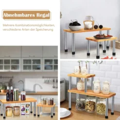 2er Set Küchen Eckregal 2-Ebenen Lagerregal Gewürzregal aus Bambus 45 x 16 x 35 cm Natur + Silber