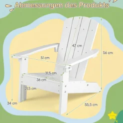 2er Set Kinder Adirondack Stuhl aus HIPS Gartenstuhl mit Ergonomischer Rückenlehne Weiß