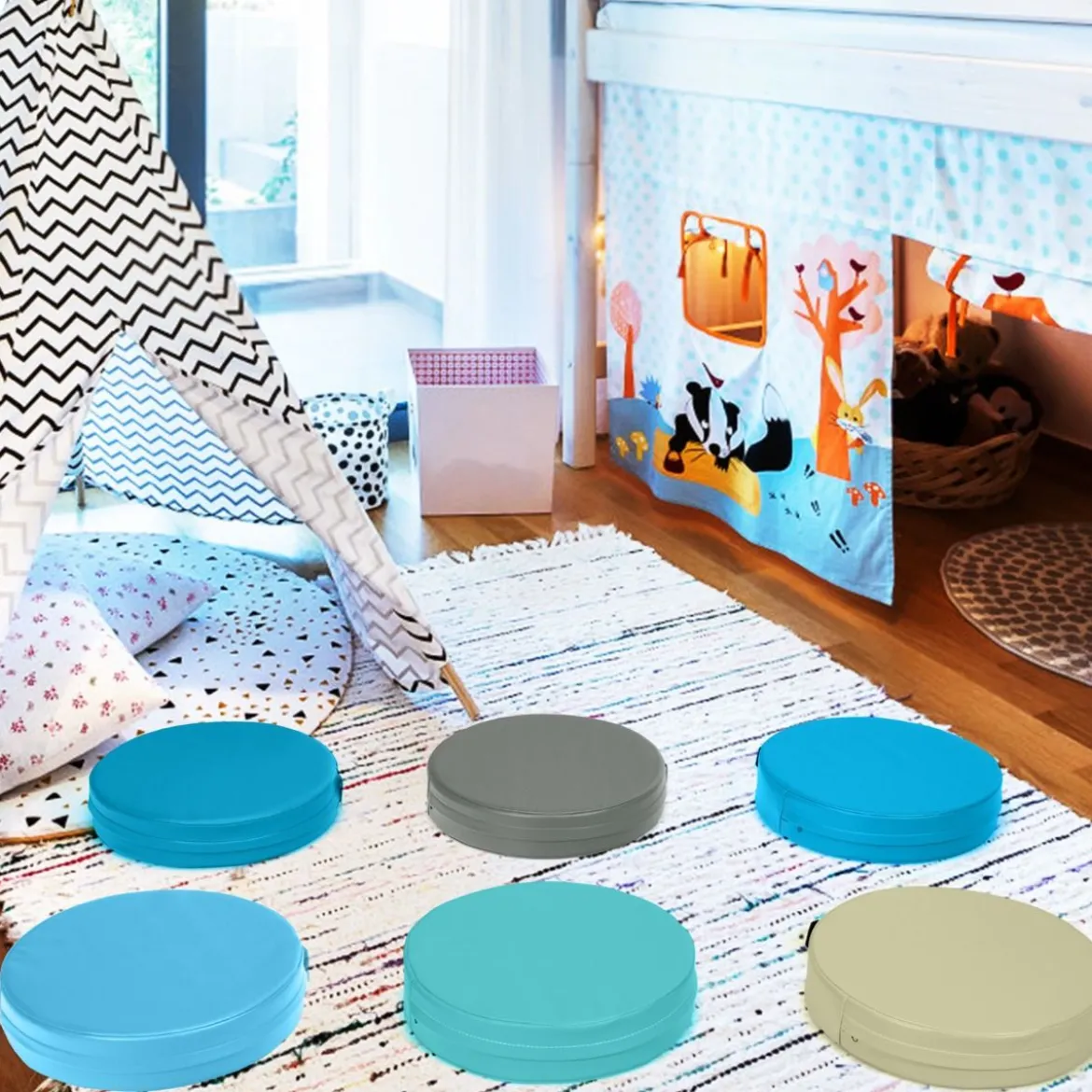 6er Set Kinder Stuhlkissen mit Griff & Reißverschluss Bodenkissen Sitzkissen
