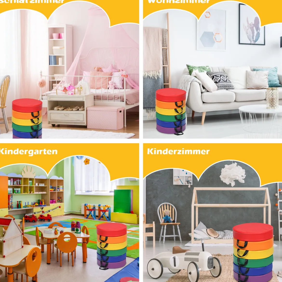 6er Set Kinder Stuhlkissen mit Griff & Reißverschluss Bodenkissen Sitzkissen