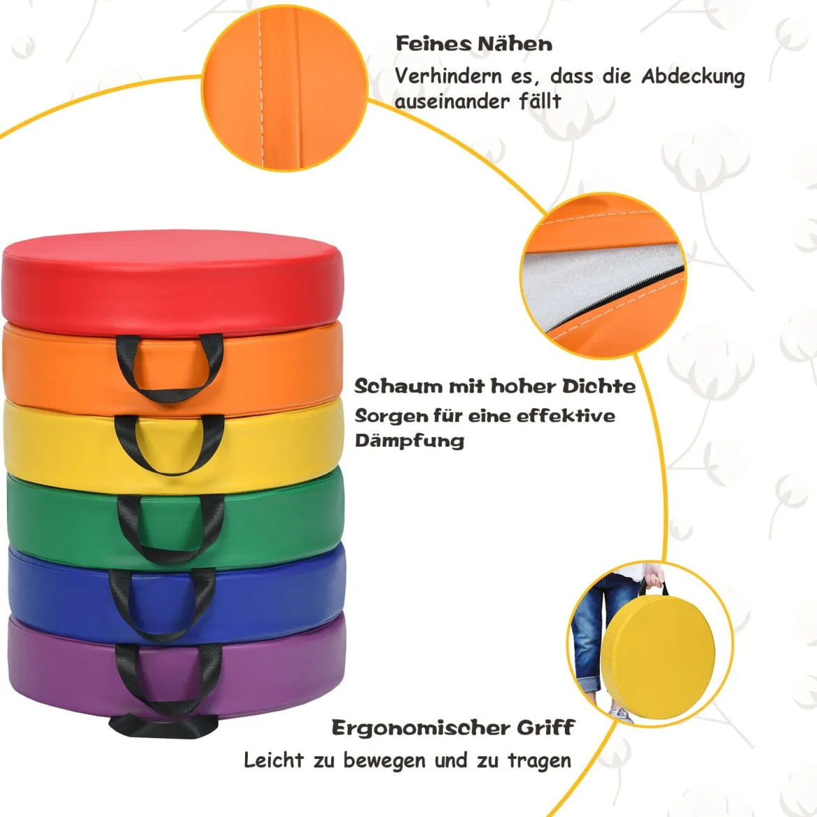 6er Set Kinder Stuhlkissen mit Griff & Reißverschluss Bodenkissen Sitzkissen