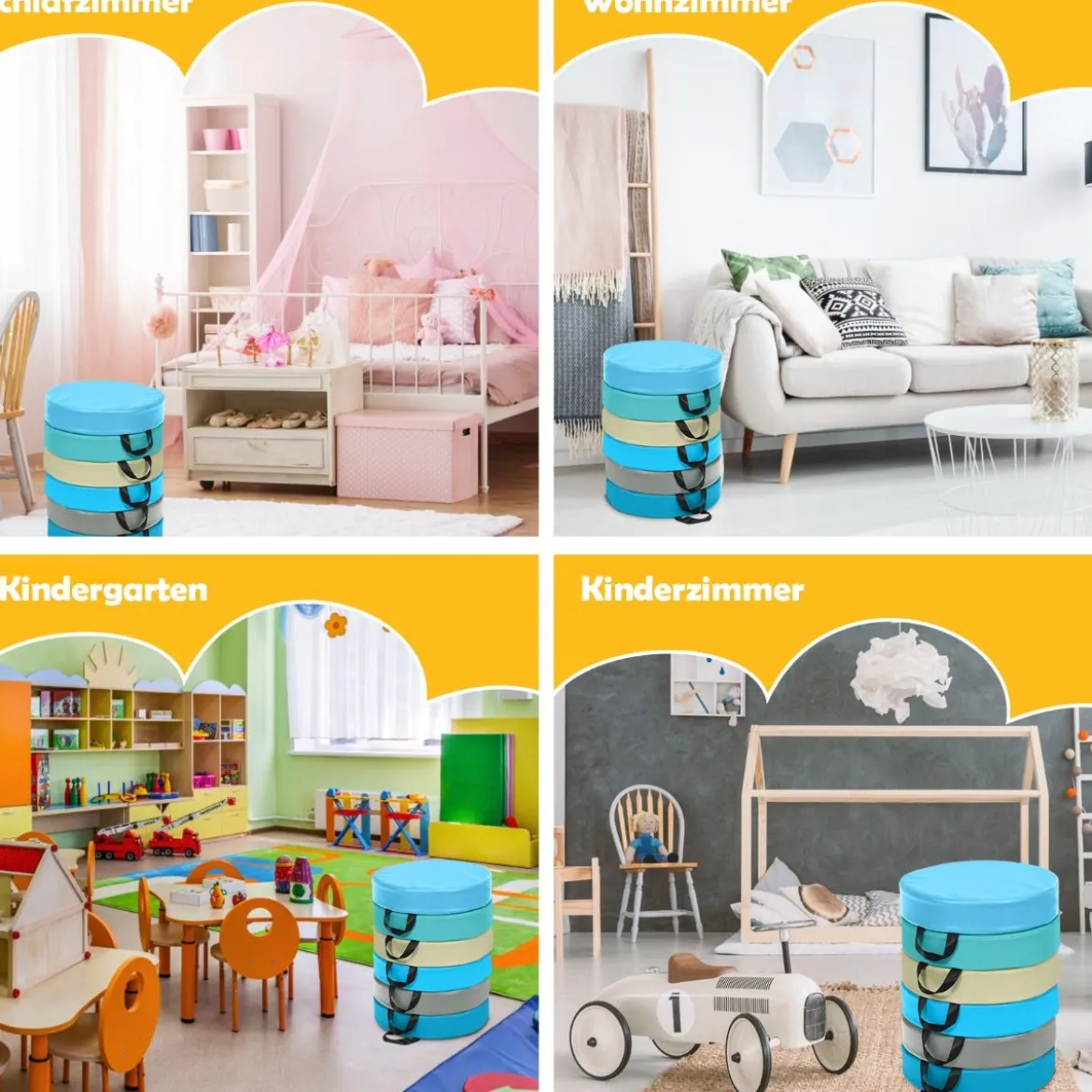 6er Set Kinder Stuhlkissen mit Griff & Reißverschluss Bodenkissen Sitzkissen