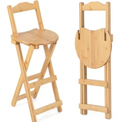2er Set Klappbare Barhocker mit Lehne & 3 Fußstütze Tresenhocker aus Bambus Sitzhöhe 61 cm