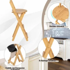 2er Set Klappbare Barhocker mit Lehne & 3 Fußstütze Tresenhocker aus Bambus Sitzhöhe 61 cm