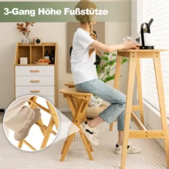 2er Set Klappbarer Barhocker aus Bambus mit Fußstütze Sitzhöhe 61 cm Natur