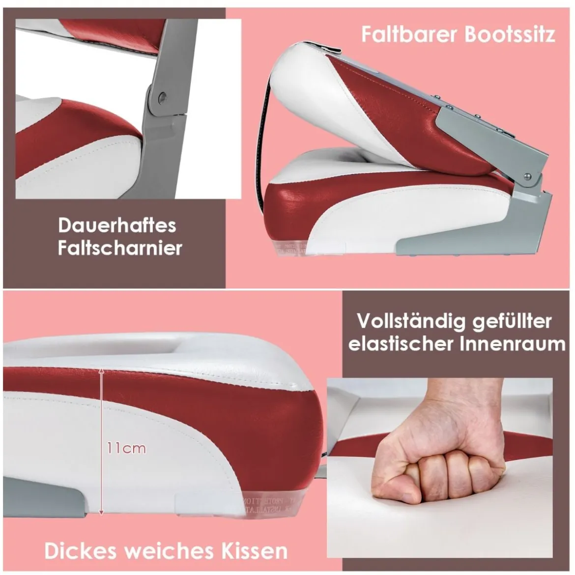 2er Set Klappbarer Bootssitz mit 11 cm Dicker Schwammpolsterung Steuerstuhl Rot Weiß