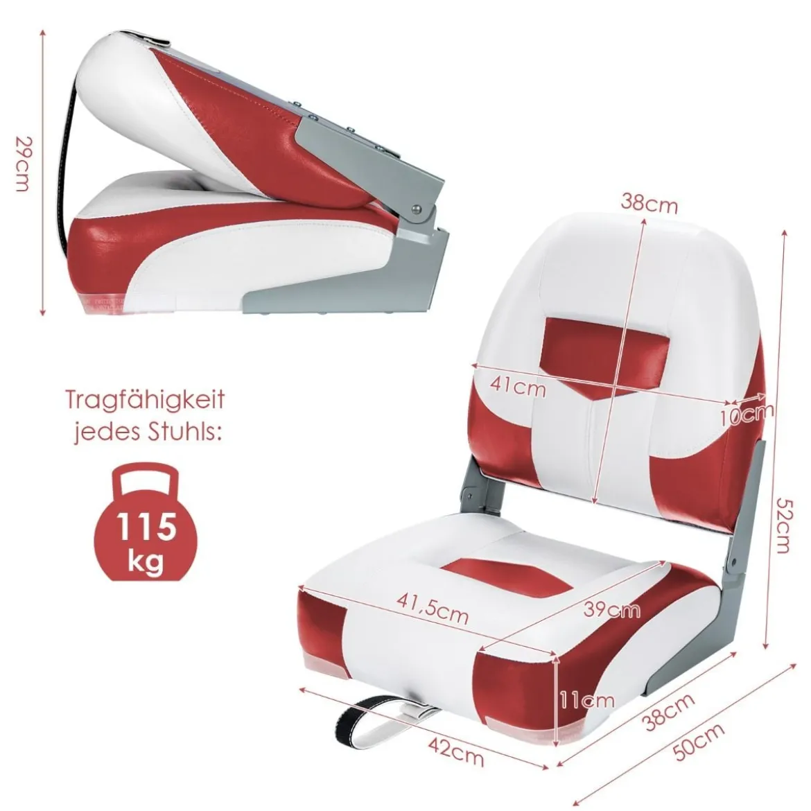 2er Set Klappbarer Bootssitz mit 11 cm Dicker Schwammpolsterung Steuerstuhl Rot Weiß