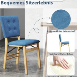 2er Set Klappbares Esszimmerstuhl armlehnlose Küchenstühle mit gepolstertem Sitz Blau