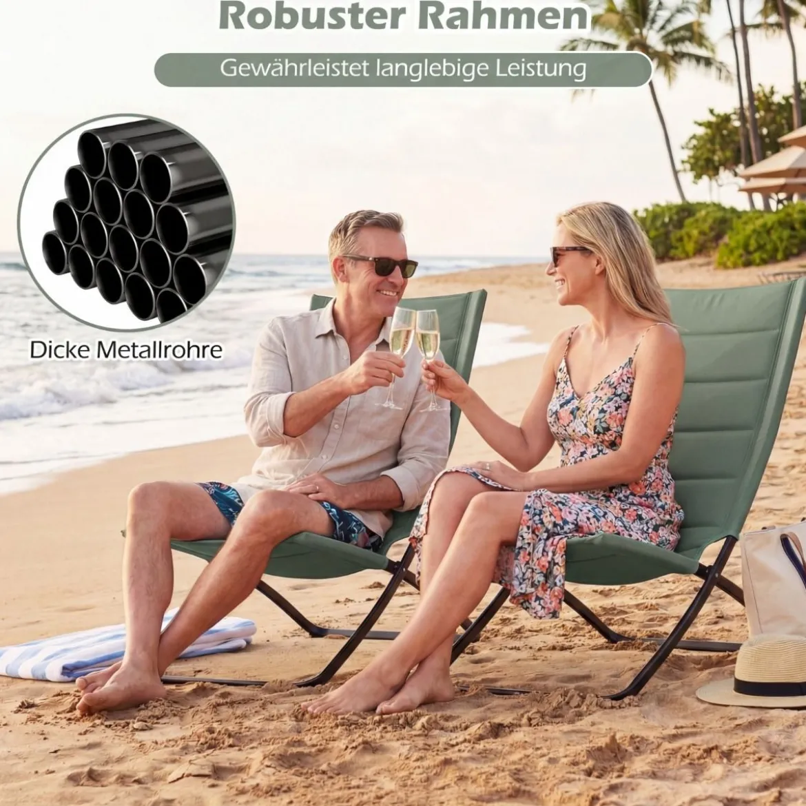 2er Set Klappbare Strandstühle mit Gepolsterten Rückenlehnen & Sitzen Faltbare Campingstühle Grün