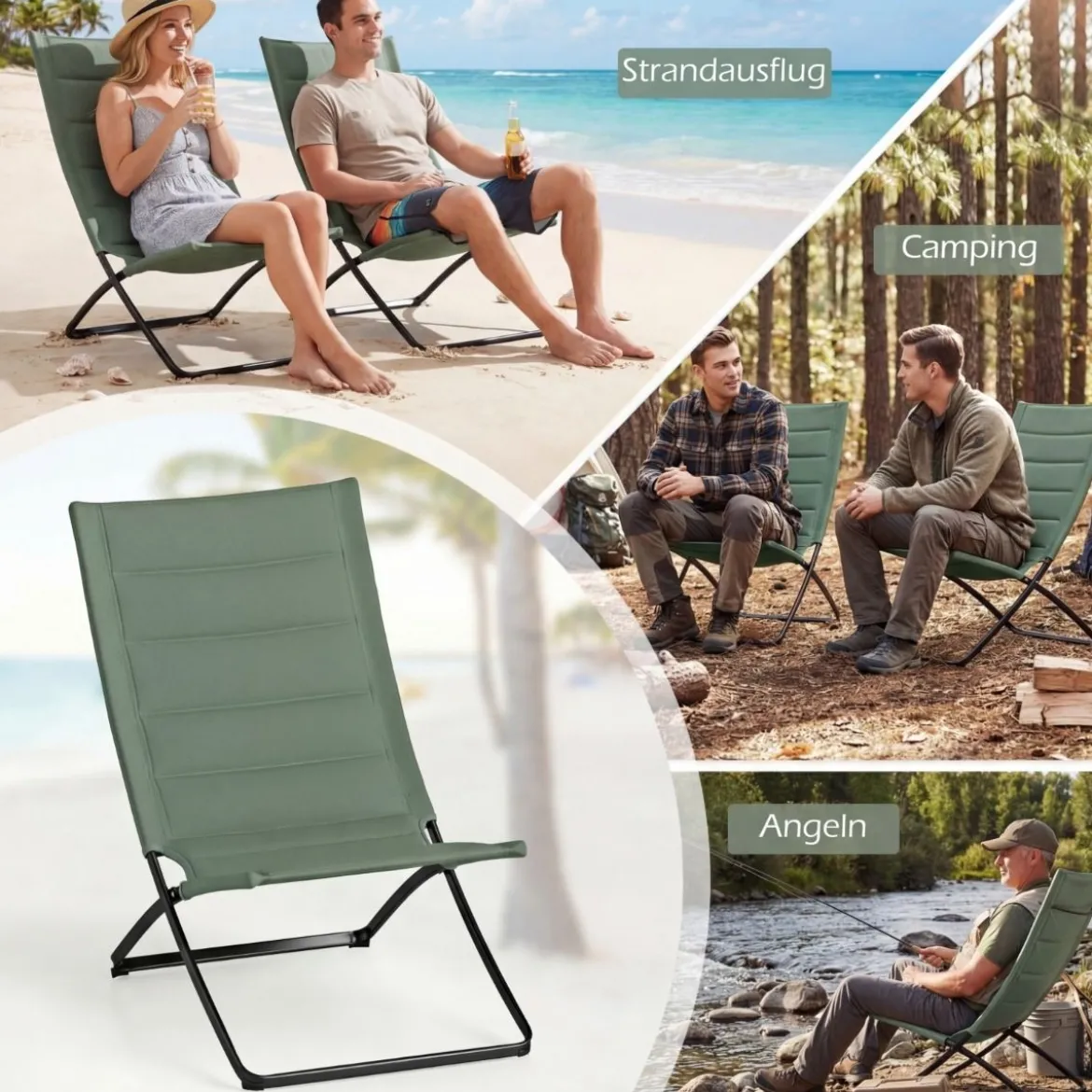 2er Set Klappbare Strandstühle mit Gepolsterten Rückenlehnen & Sitzen Faltbare Campingstühle Grün