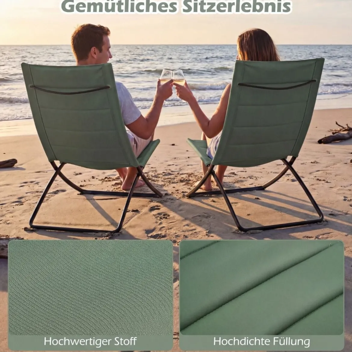 2er Set Klappbare Strandstühle mit Gepolsterten Rückenlehnen & Sitzen Faltbare Campingstühle Grün