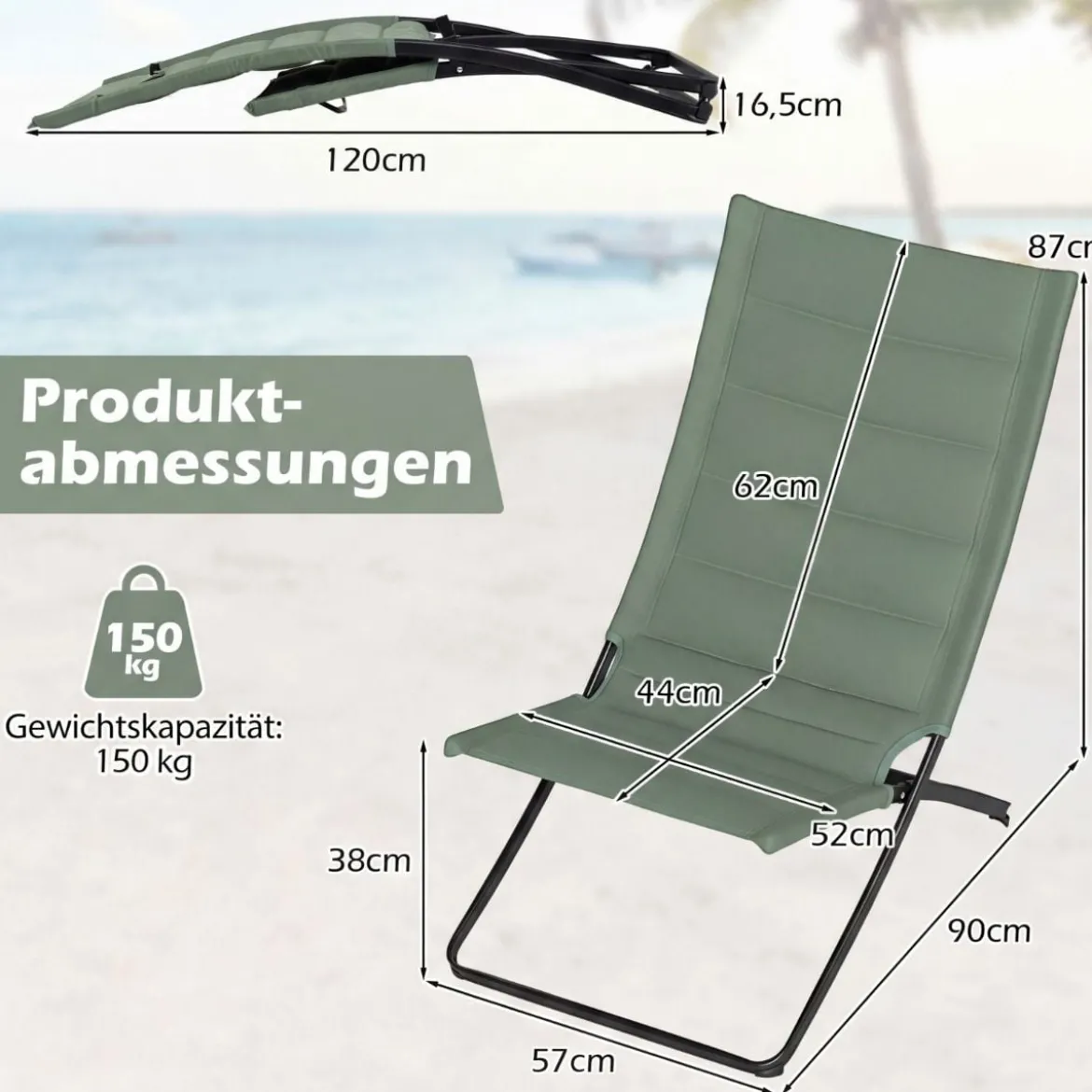 2er Set Klappbare Strandstühle mit Gepolsterten Rückenlehnen & Sitzen Faltbare Campingstühle Grün
