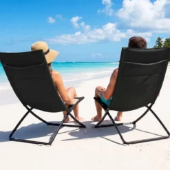 2er Set Klappbare Strandstühle mit Gepolsterten Rückenlehnen & Sitzen Faltbare Campingstühle Schwarz