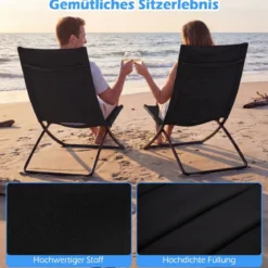 2er Set Klappbare Strandstühle mit Gepolsterten Rückenlehnen & Sitzen Faltbare Campingstühle Schwarz