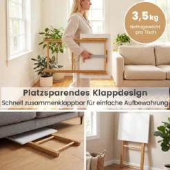 2er Set Klappbare TV Tabletts aus Bambus Tragbarer Beistelltisch Esstisch Weiß + Natur