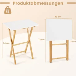 2er Set Klappbare TV Tabletts aus Bambus Tragbarer Beistelltisch Esstisch Weiß + Natur