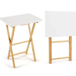 2er Set Klappbare TV Tabletts aus Bambus Tragbarer Beistelltisch Esstisch Weiß + Natur